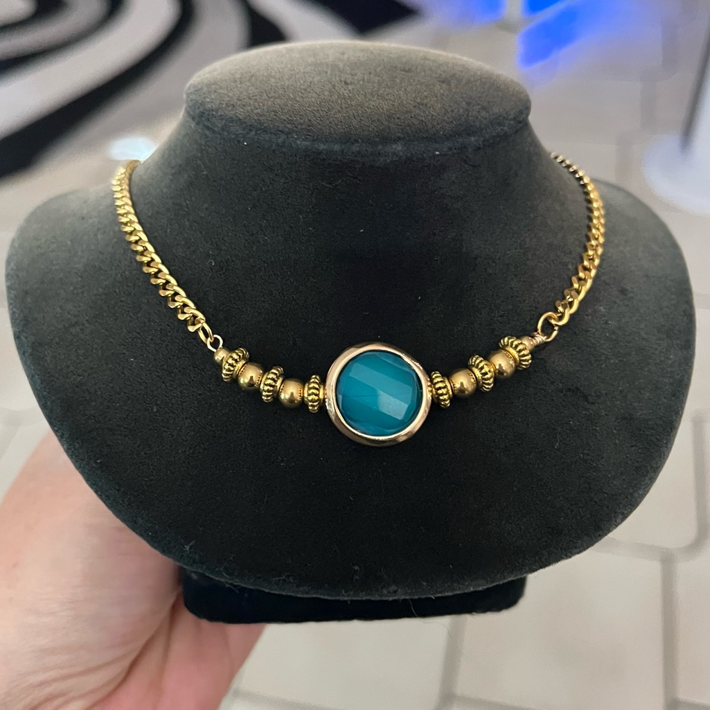 Blue Agate Stone Charm Stainless Steel Gold Chain Boho Choker Dainty Necklace 35$